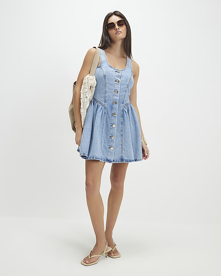 Blue Denim Button Front Mini Dress