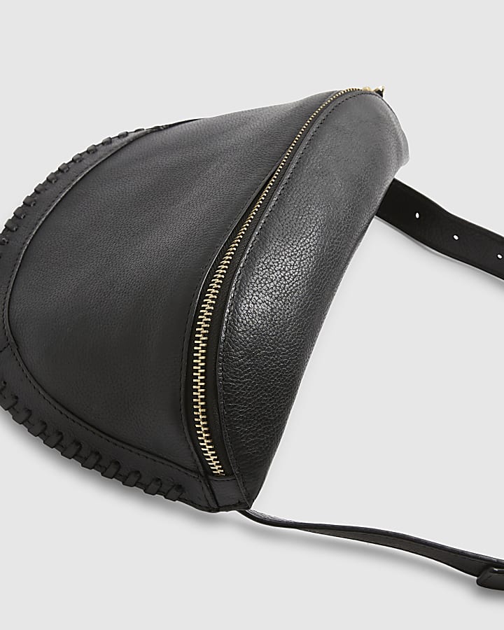Black Leather Whiptstitch Bum Bag