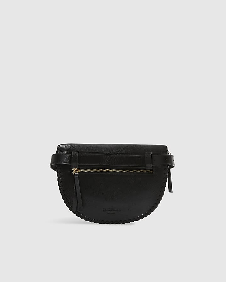 Black Leather Whiptstitch Bum Bag