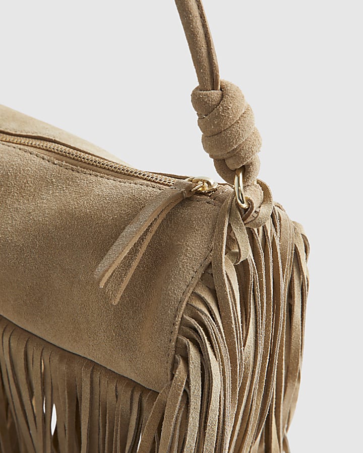 Beige Mega Fringe Suede Cylinder Bag