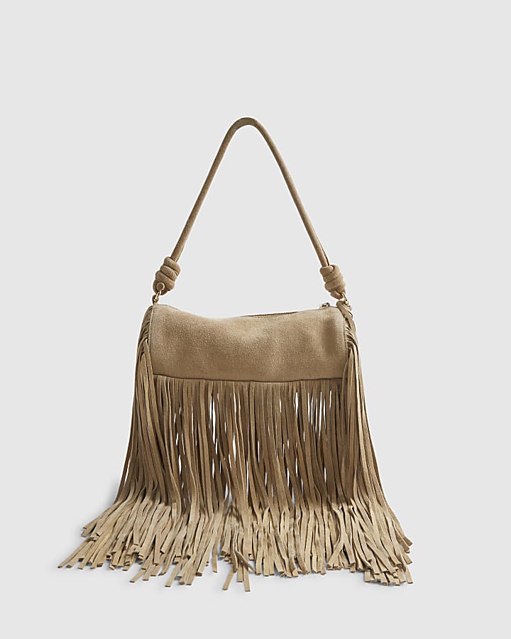 Beige Mega Fringe Suede Cylinder Bag