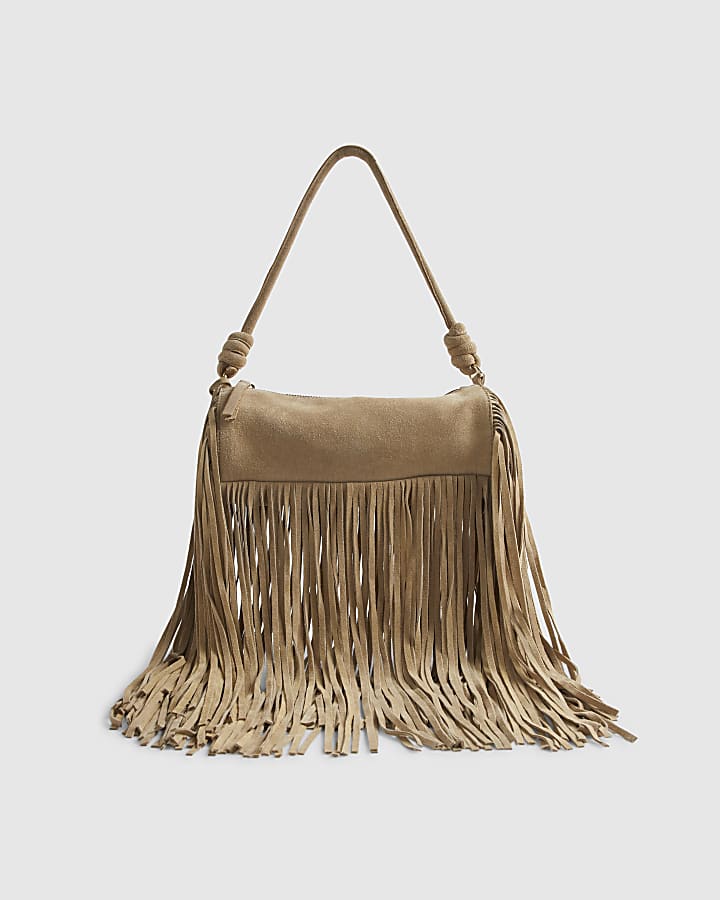 Beige Mega Fringe Suede Cylinder Bag