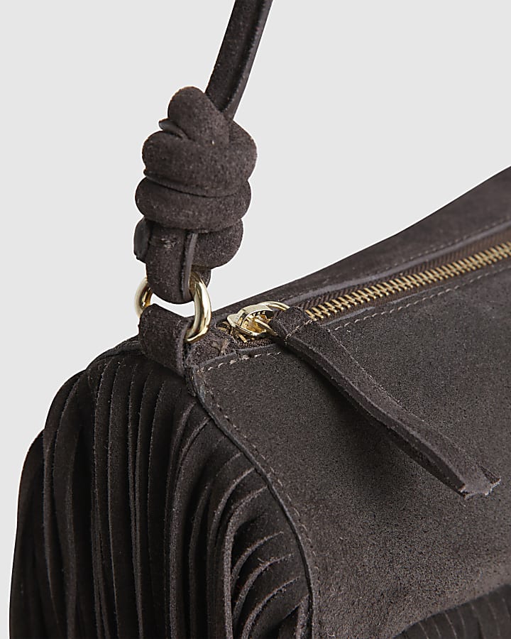 Brown Suede Mega Fringe Cylinder Bag