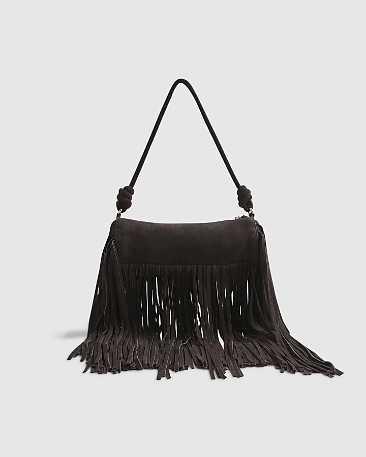Brown Suede Mega Fringe Cylinder Bag