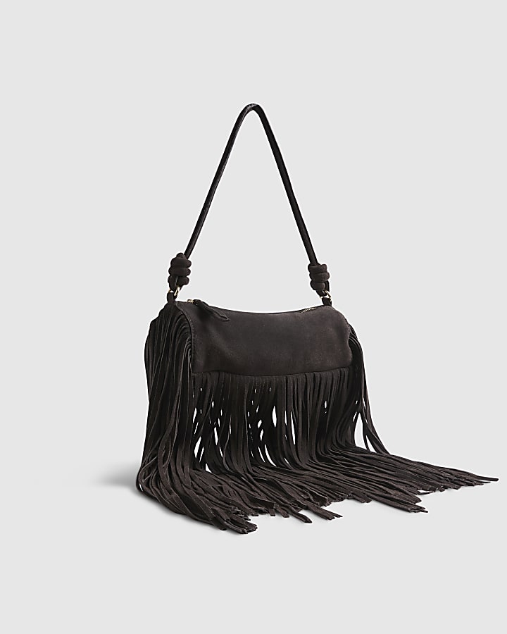 Brown Suede Mega Fringe Cylinder Bag