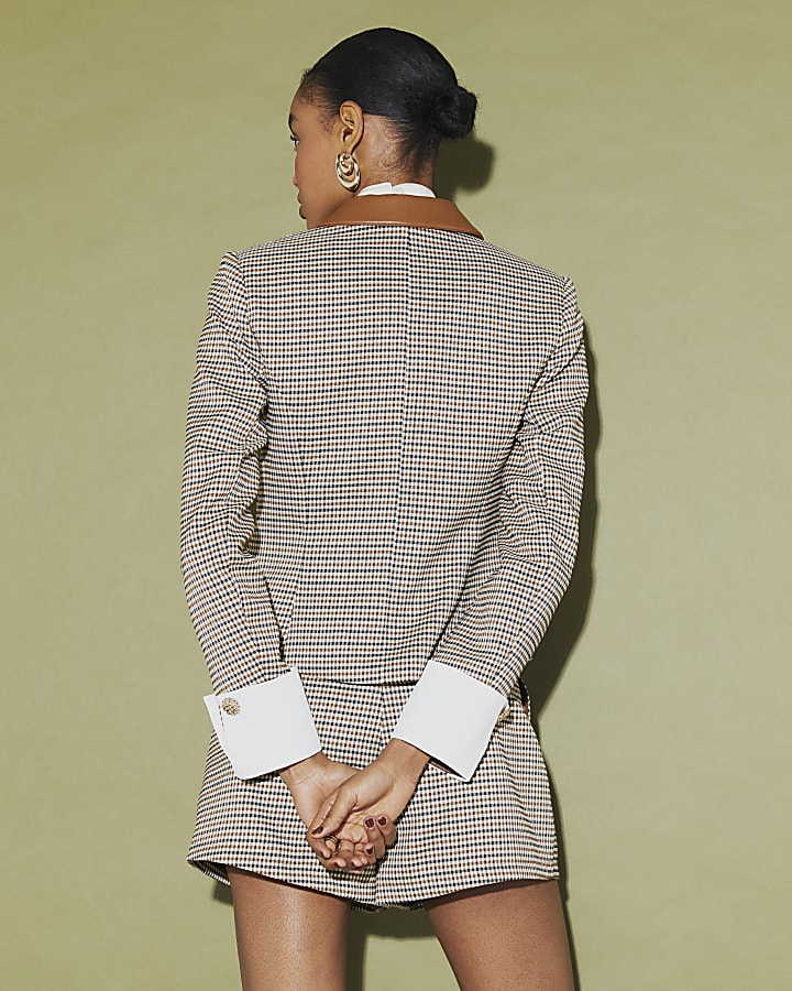Beige Long Sleeve Check Print Jacket