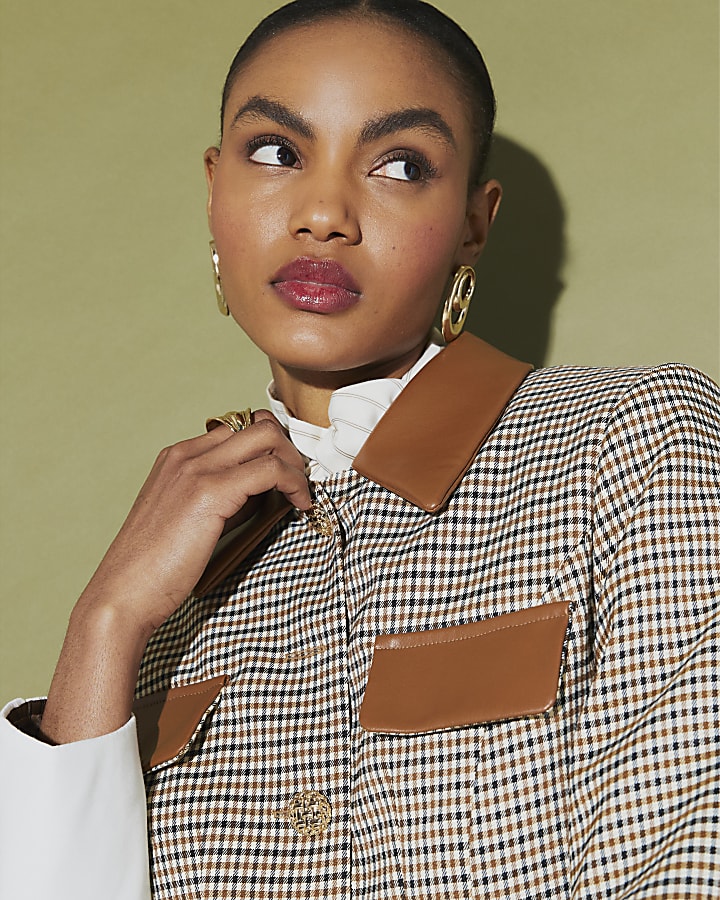 Beige Long Sleeve Check Print Jacket