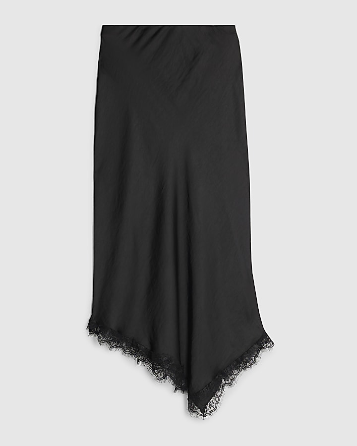 Black Satin Lace Trim Midi Skirt