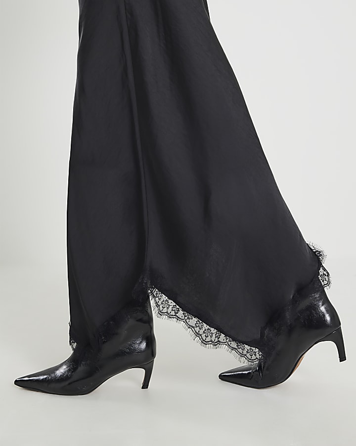 Black Satin Lace Trim Midi Skirt