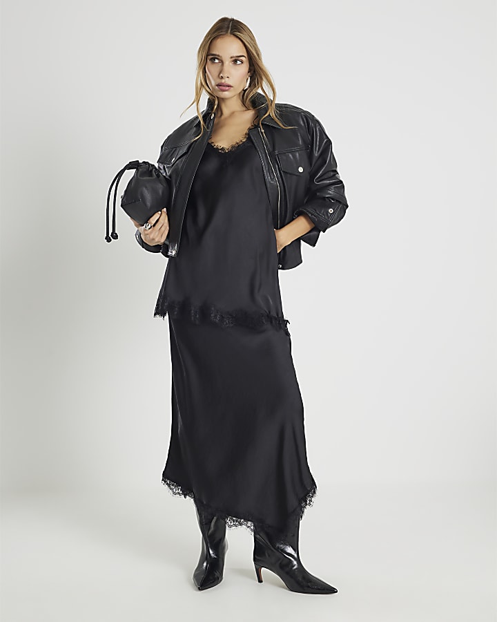 Black Satin Lace Trim Midi Skirt