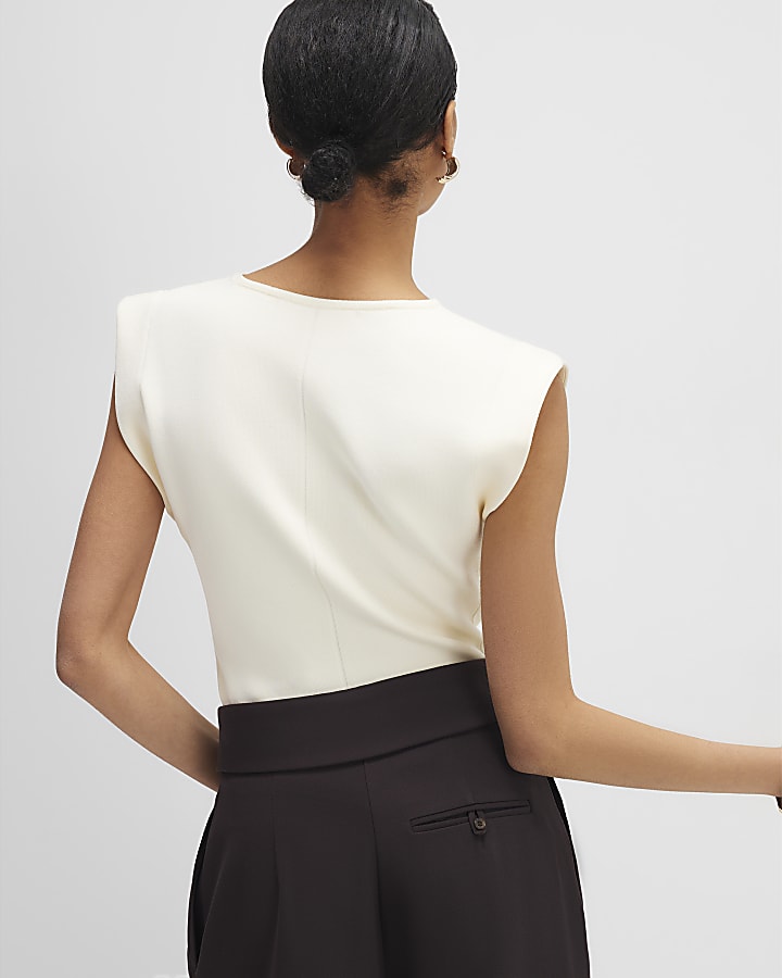 Cream Fitted Knit Sleeveless Top