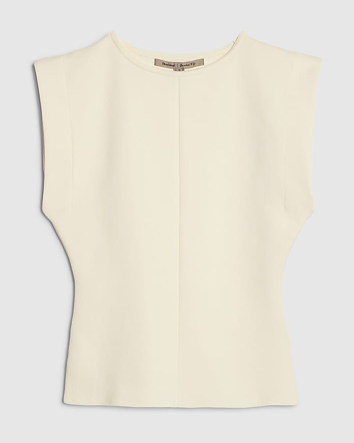 Cream Fitted Knit Sleeveless Top