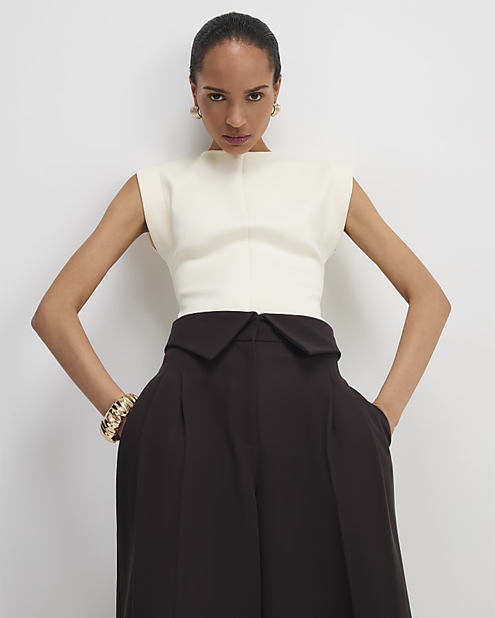 Cream Fitted Knit Sleeveless Top