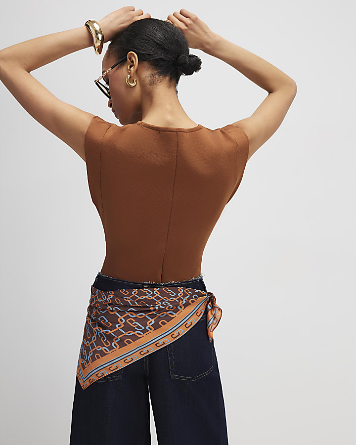 Brown Fitted Knit Sleeveless Top