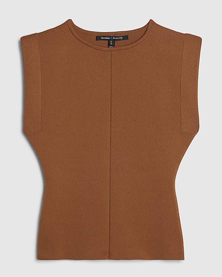 Brown Fitted Knit Sleeveless Top