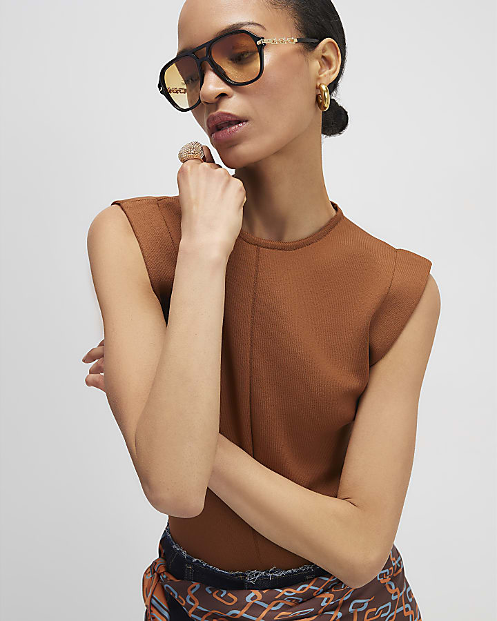 Brown Fitted Knit Sleeveless Top