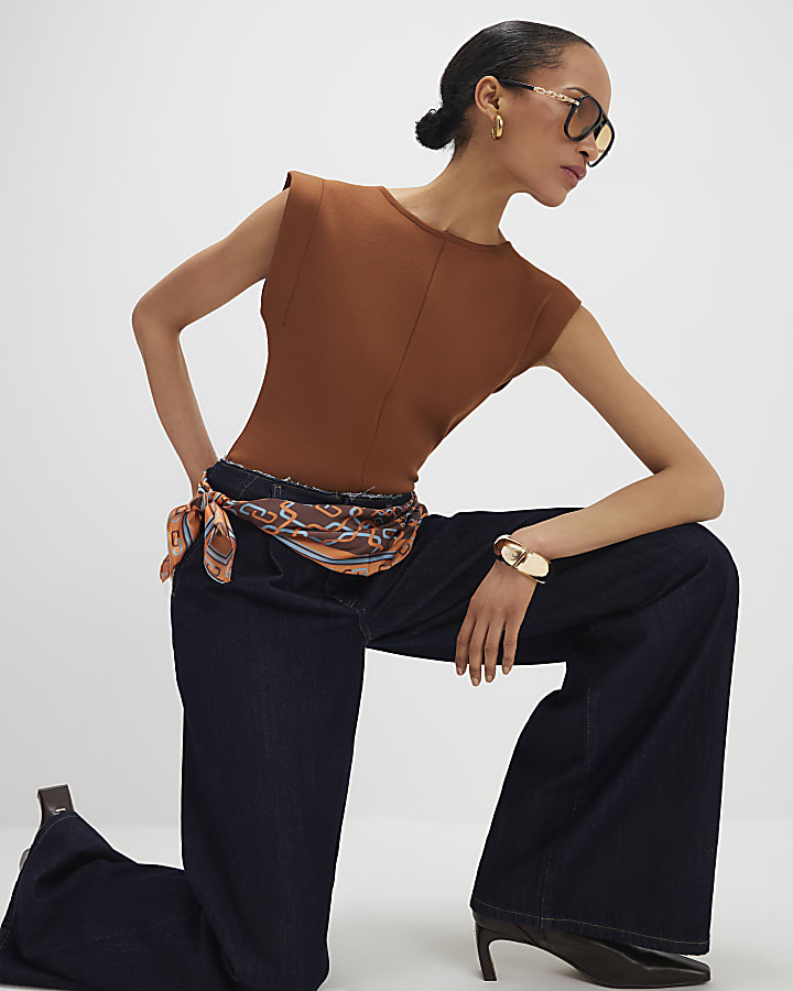 Brown Fitted Knit Sleeveless Top