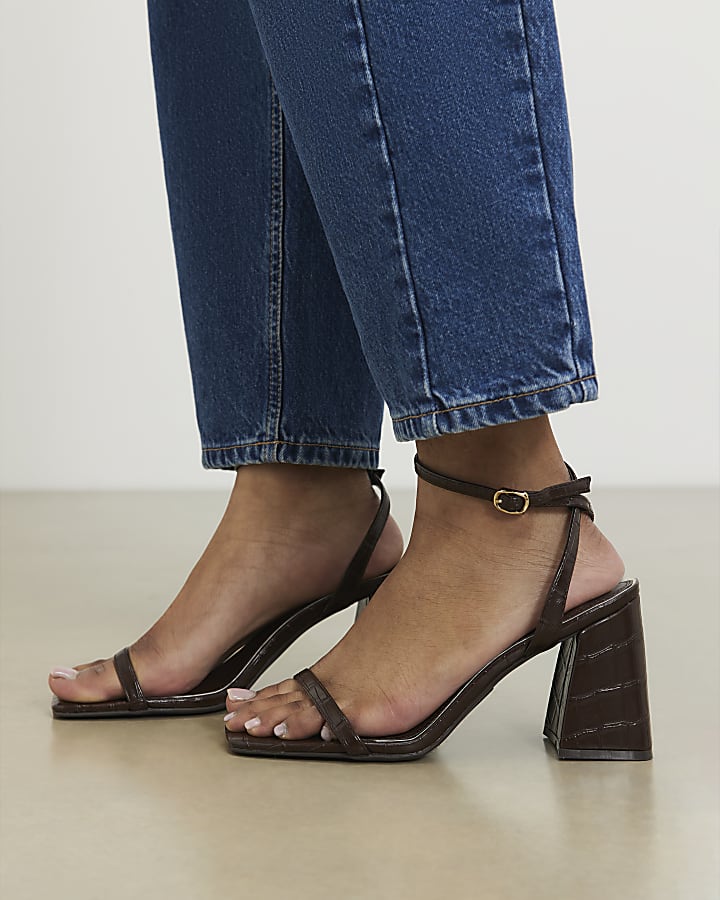 Brown Wide Fit Strappy Low Block Heel Sandals