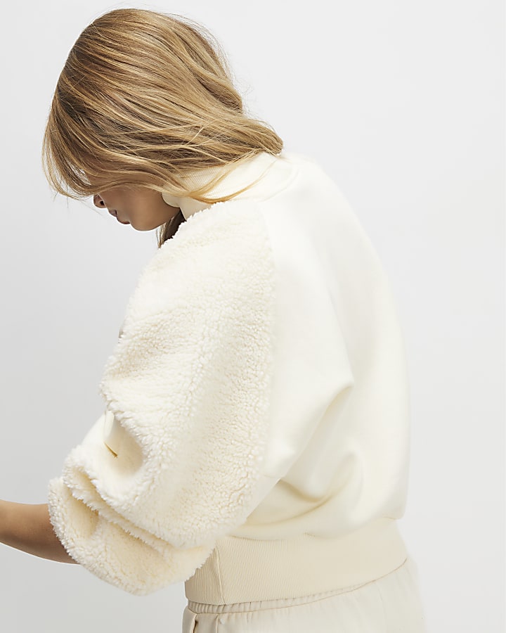 Cream Long Sleeve Borg Detail Sweatshirt