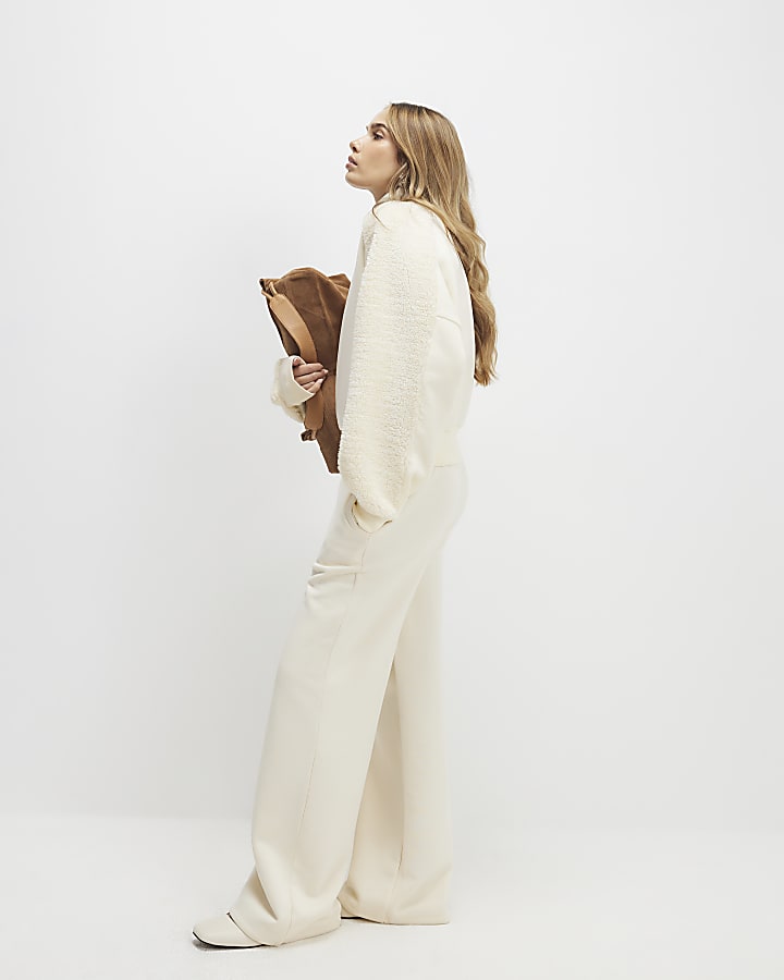 Cream Long Sleeve Borg Detail Sweatshirt