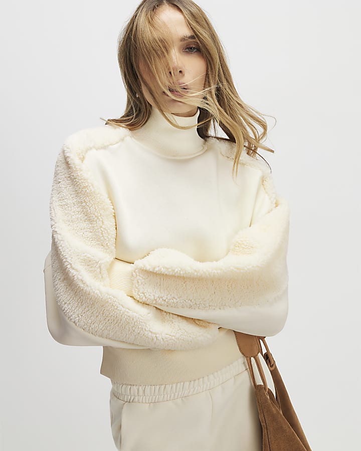 Cream Long Sleeve Borg Detail Sweatshirt