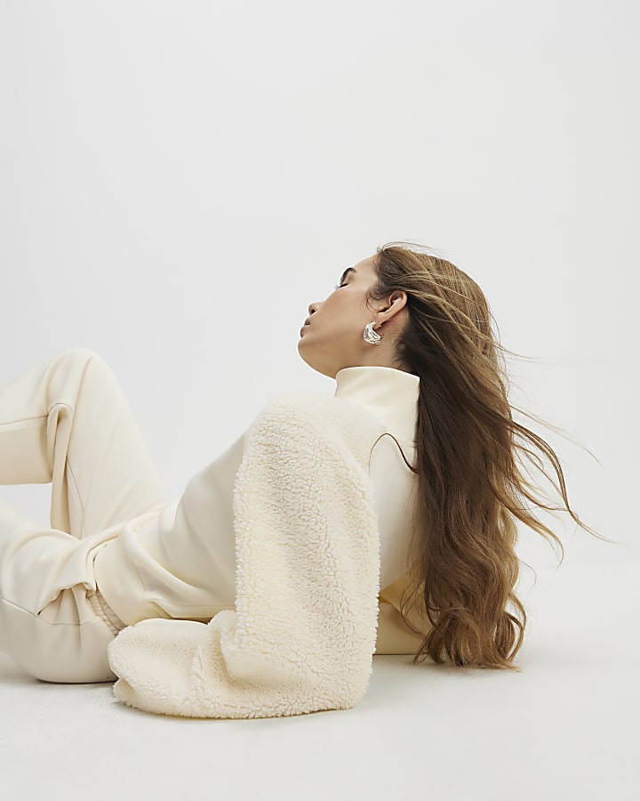 Cream Long Sleeve Borg Detail Sweatshirt