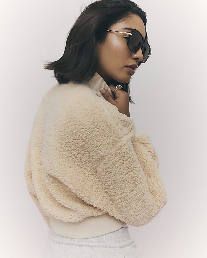 Cream Long Sleeve Borg Zip Up Sweatshirt