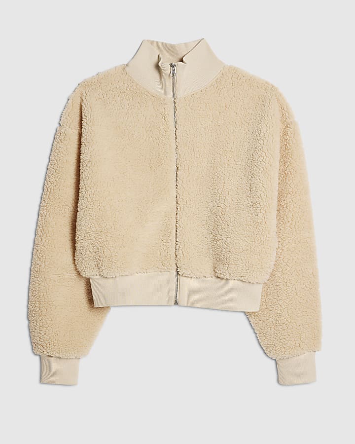 Cream Long Sleeve Borg Zip Up Sweatshirt