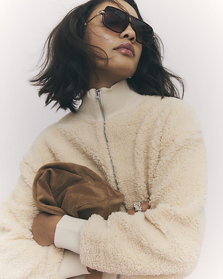 Cream Long Sleeve Borg Zip Up Sweatshirt