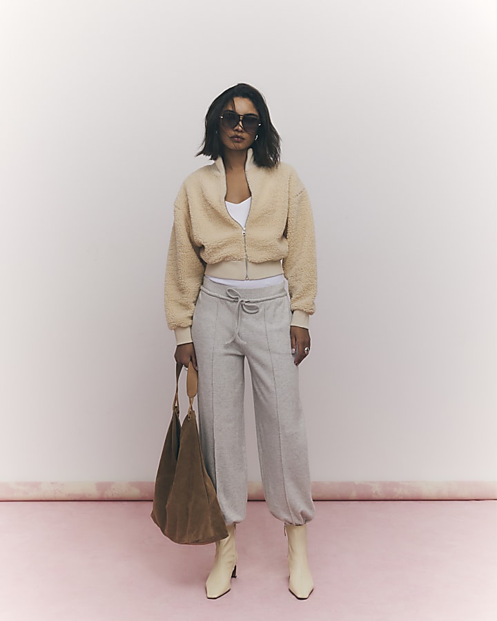 Cream Long Sleeve Borg Zip Up Sweatshirt