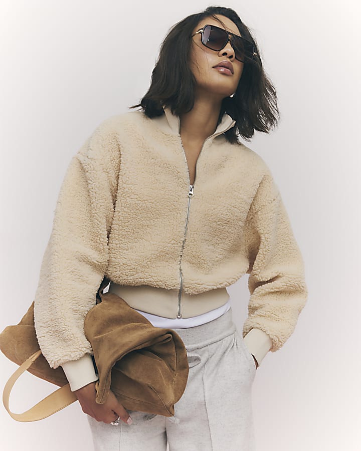 Cream Long Sleeve Borg Zip Up Sweatshirt