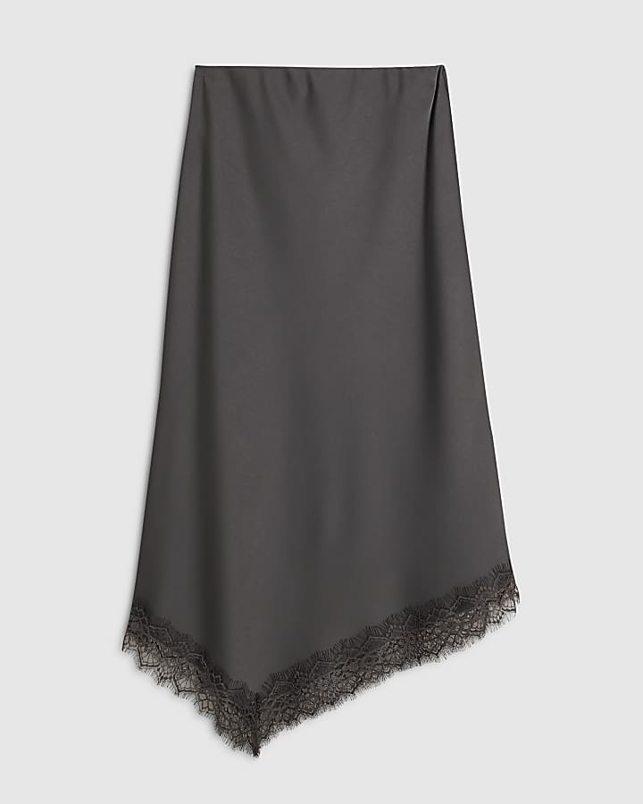 Grey Lace Trim Satin Midi Skirt