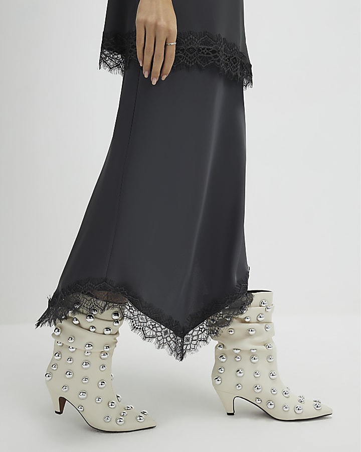 Grey Lace Trim Satin Midi Skirt