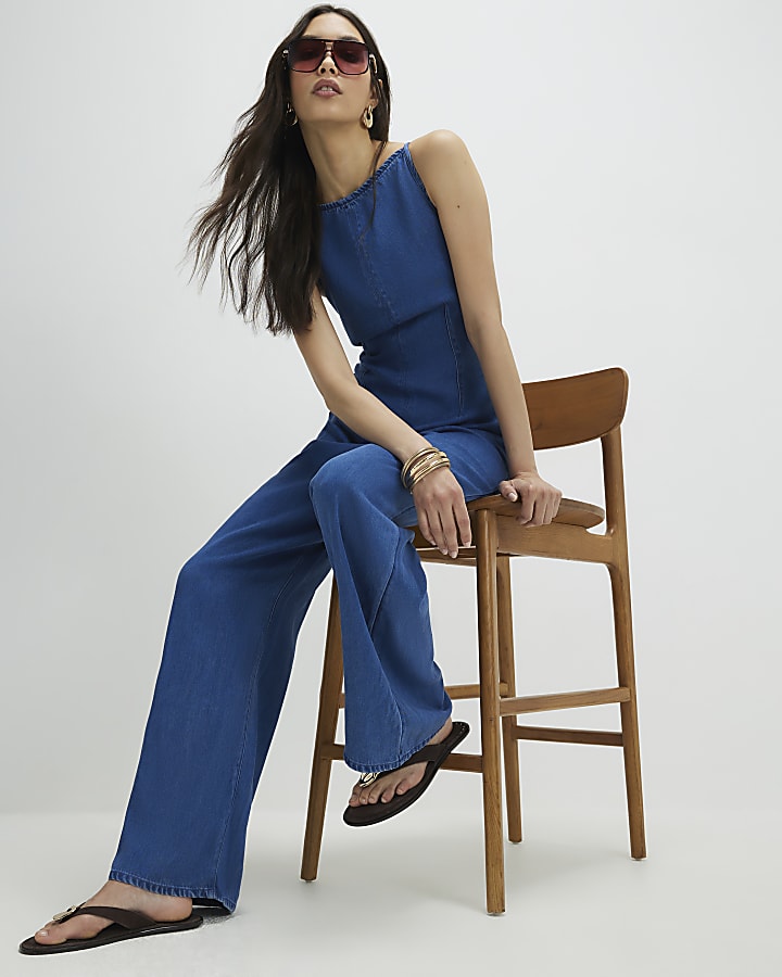 Blue Wide Leg Denim Jumpsuit