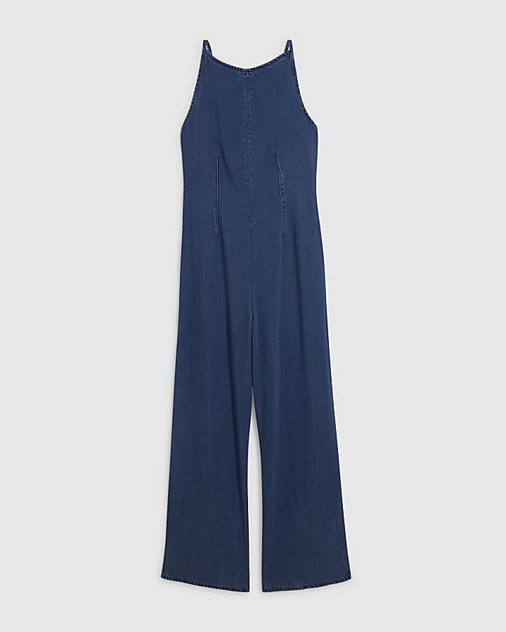 Blue Wide Leg Denim Jumpsuit