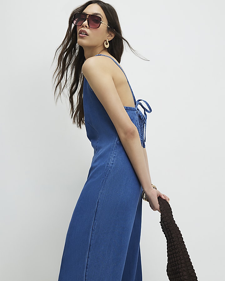 Blue Wide Leg Denim Jumpsuit