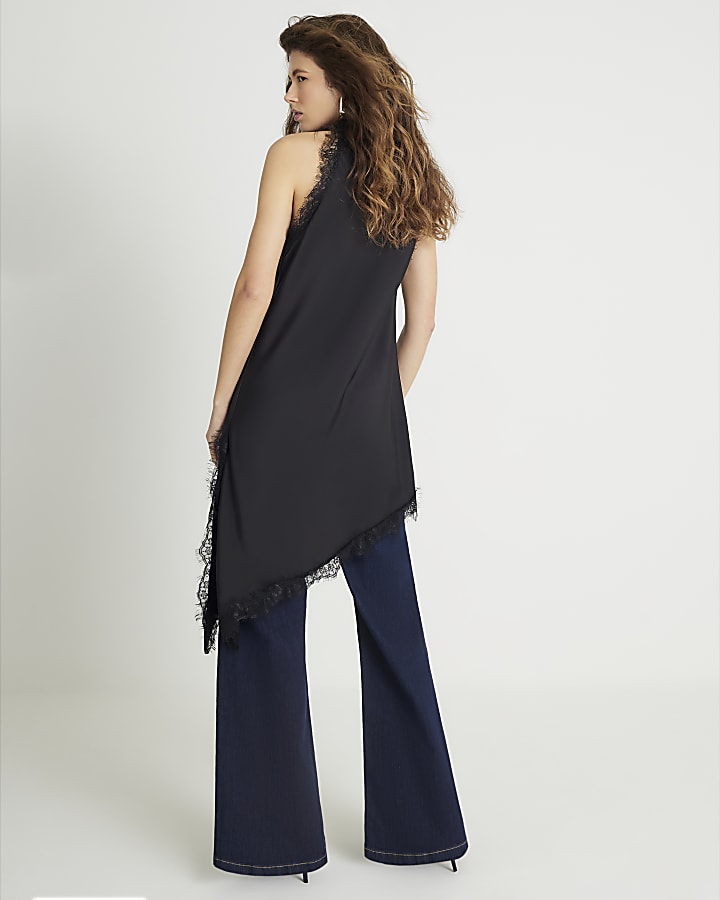 Black Satin Longline Lace Trim Top