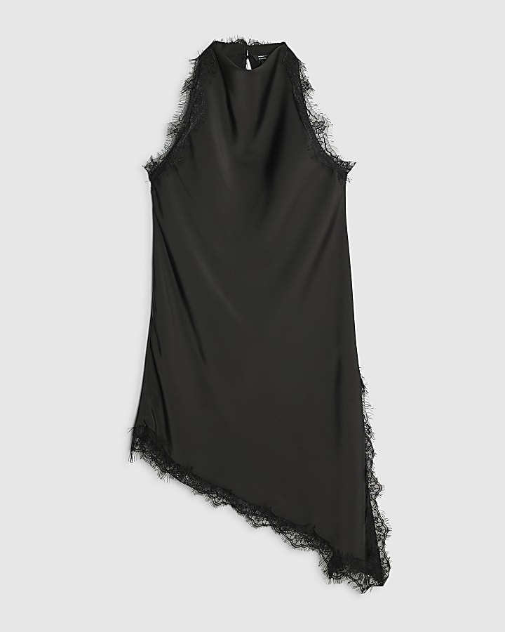 Black Satin Longline Lace Trim Top