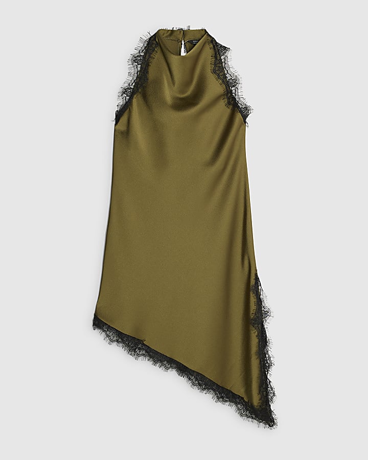 Khaki Longline Lace Trim Halter Neck Top