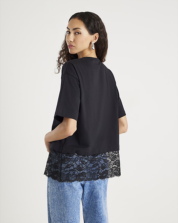 Black Short Sleeve Lace Hem T-shirt