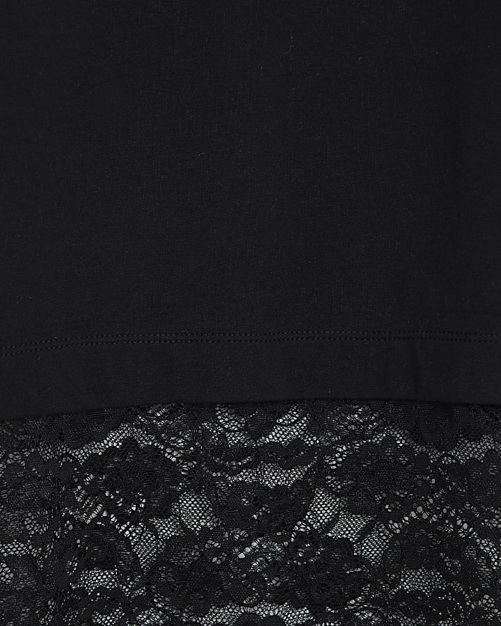 Black Short Sleeve Lace Hem T-shirt