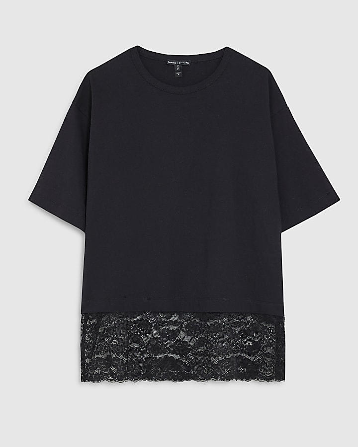 Black Short Sleeve Lace Hem T-shirt