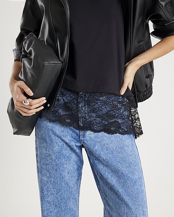 Black Short Sleeve Lace Hem T-shirt