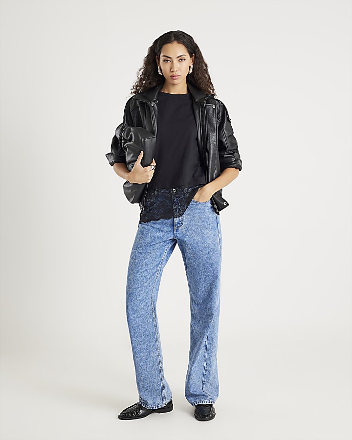 Black Short Sleeve Lace Hem T-shirt