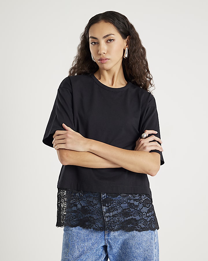 Black Short Sleeve Lace Hem T-shirt