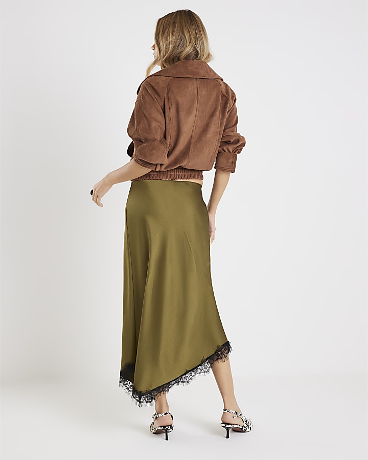 Khaki Satin Lace Trim Midi Skirt