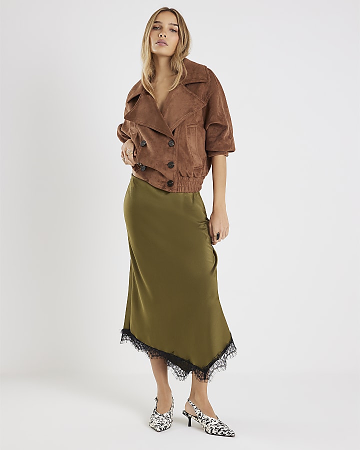 Khaki Satin Lace Trim Midi Skirt