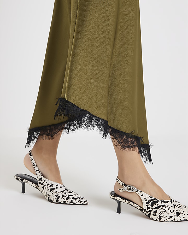 Khaki Satin Lace Trim Midi Skirt