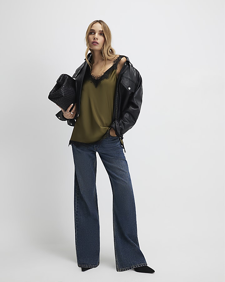 Khaki Longline Lace Trim Cami Top