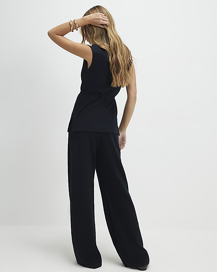 Black Textured Wide Leg Trousers